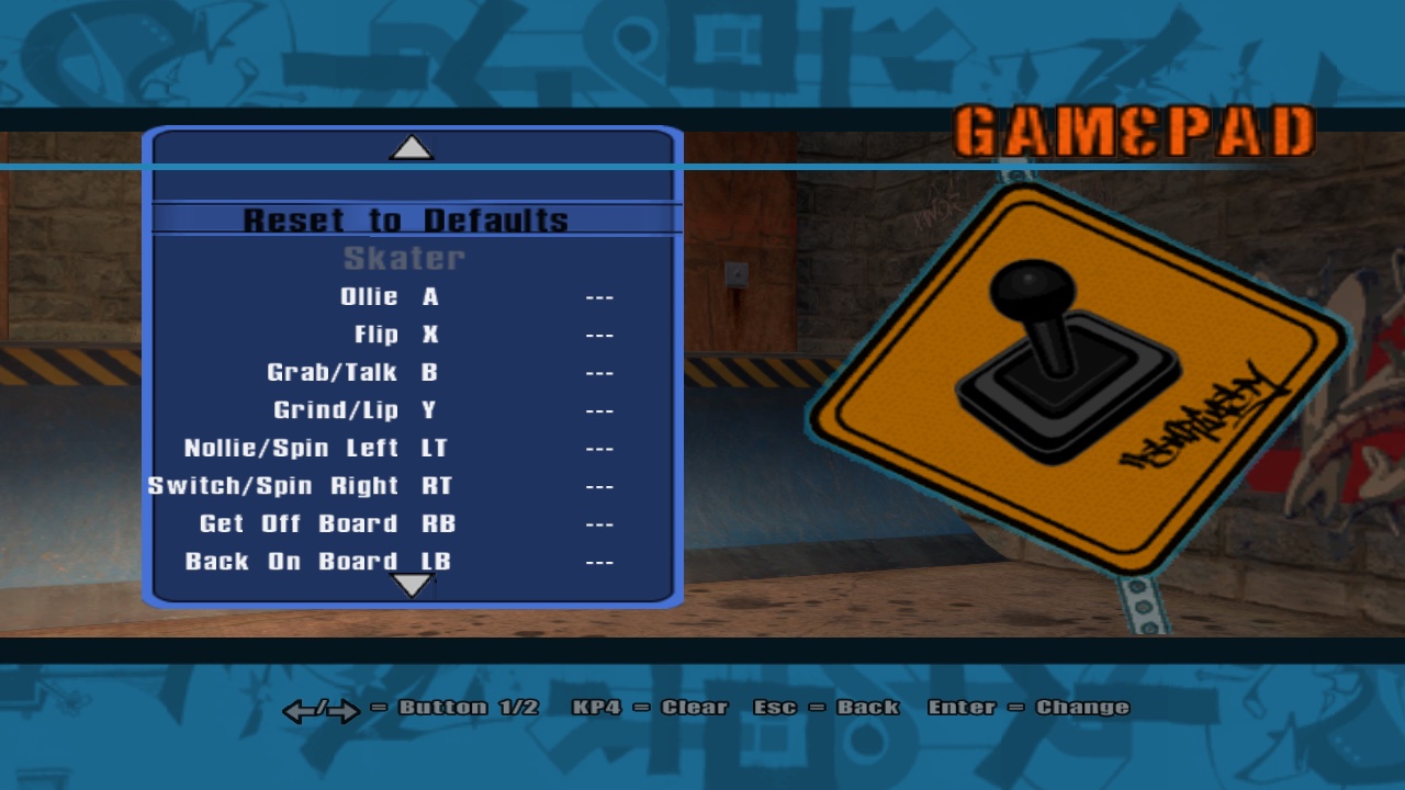 THUG2-styled Gamepad menu: Ollie A, Flip X, Grab B, Grind Y.