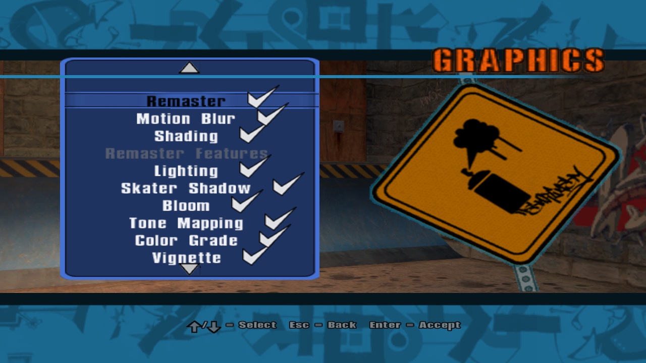 Game Options › Graphics: one master switch, motion blur, then the remaster features.