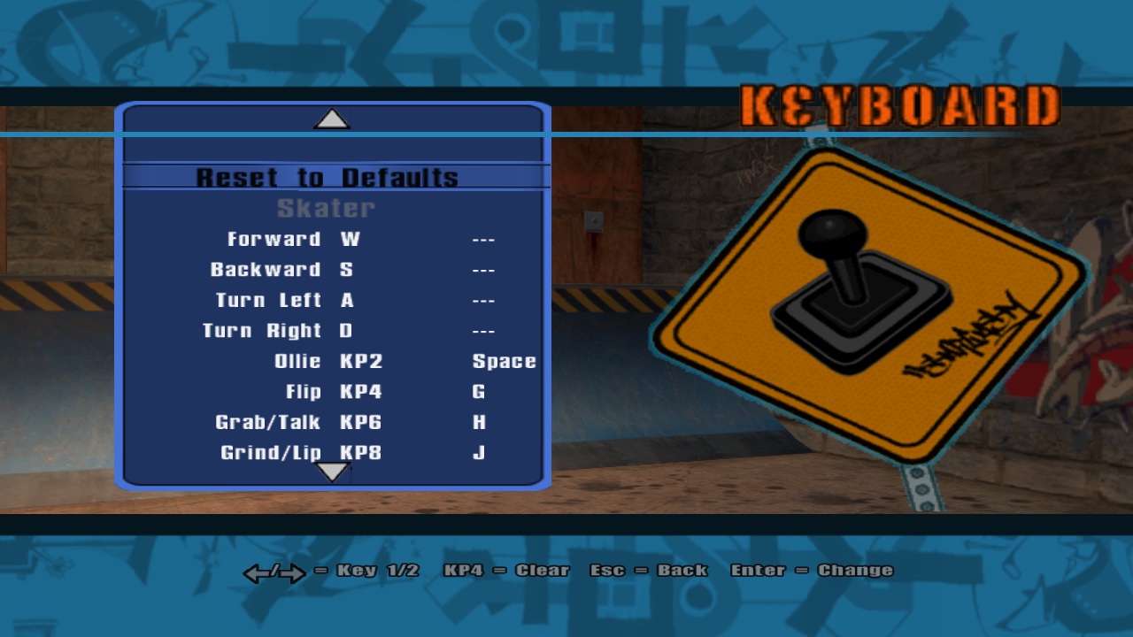 THUG2-styled Keyboard menu: skater actions with two keys each.