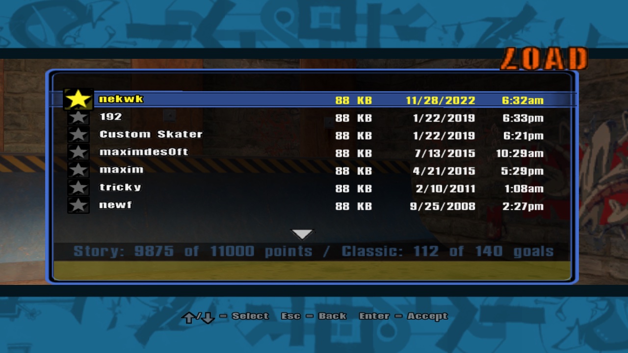 THUG2's Load menu listing seven .SKA files with their sizes (88 KB) and dates, and the story/classic summary of the highlighted one.