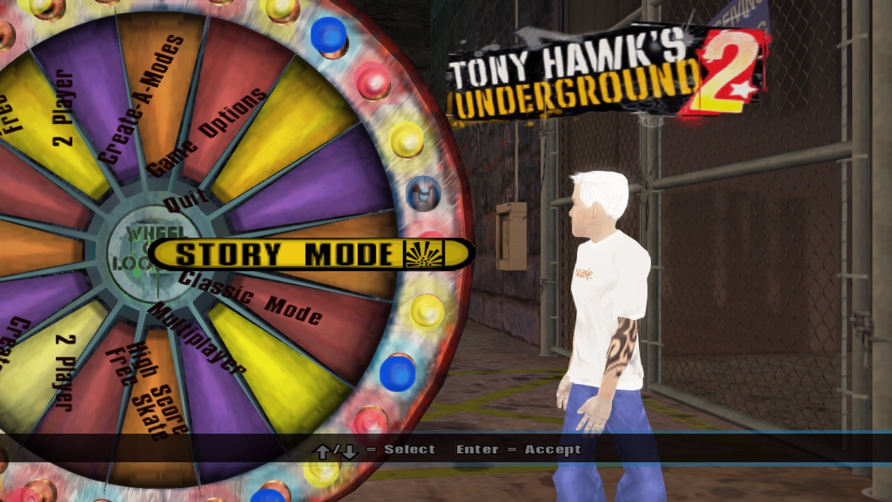 THUG2's main menu, the Wheel of Looogie, running natively: STORY MODE highlighted, the skater from a retail save next to it.