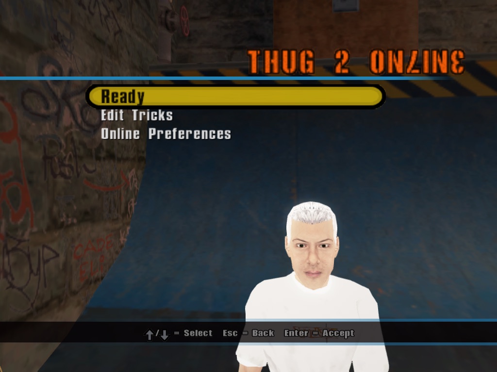 The THUG 2 Online screen: Ready, Edit Tricks, Online Preferences, the custom skater.