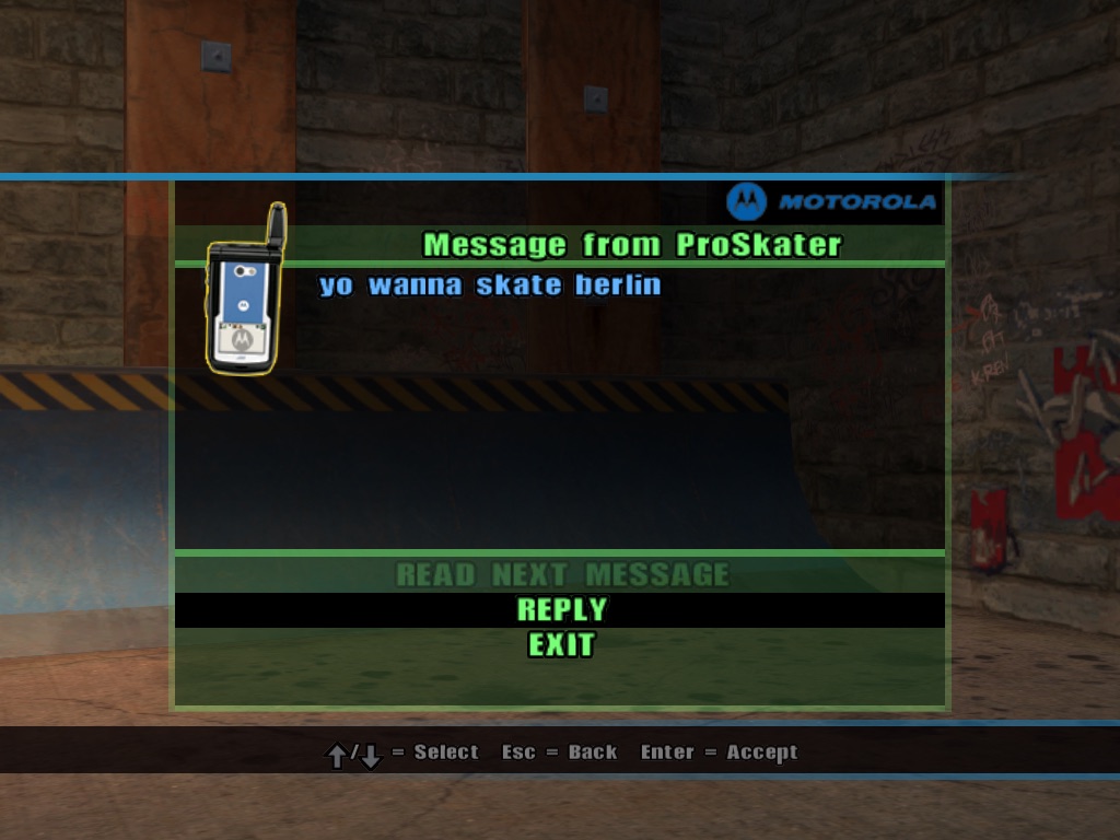 The Motorola pager: Message from ProSkater: yo wanna skate berlin. Reply, Exit.