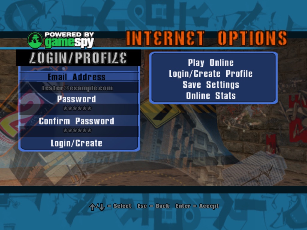 The Login/Profile panel: email address, password, confirm password, Login/Create.