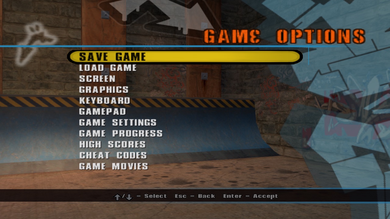 Game Options, reached by two scripted Up presses and an Enter.