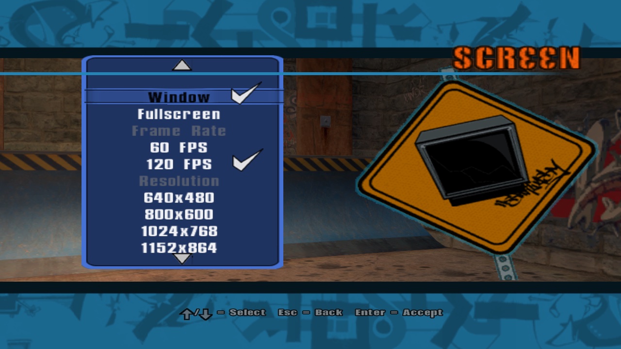 Game Options › Screen: check marks show the current choice, with THUG2's sign on the right.